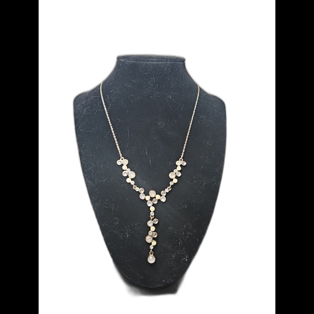 Crystal Ivory And Silver Toned Y Drop Necklace 90s Y2k